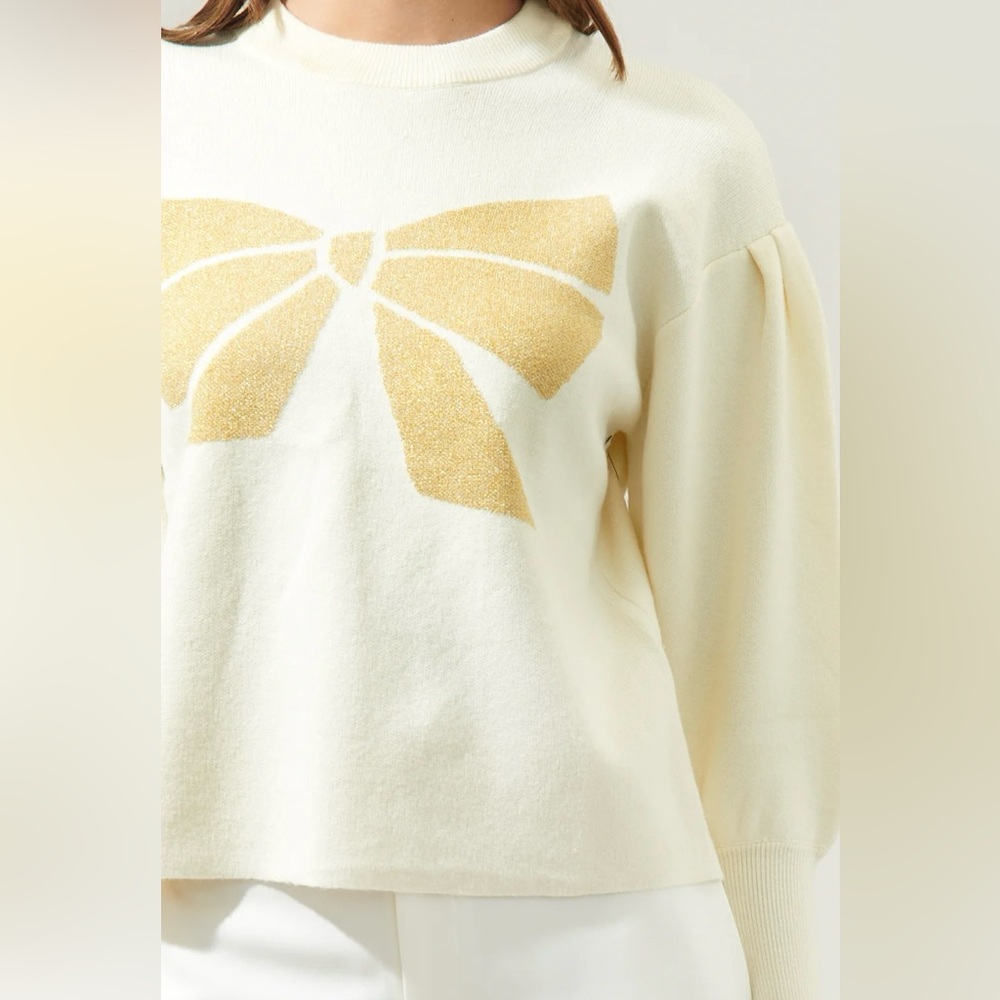 Cream and Gold Bow Sweater (NWT) by Sugarlips—Perfect for the Holidays!